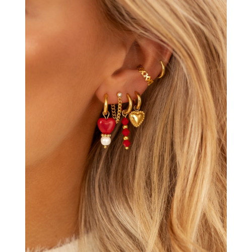 Red heart & pearl earrings goudkleurig