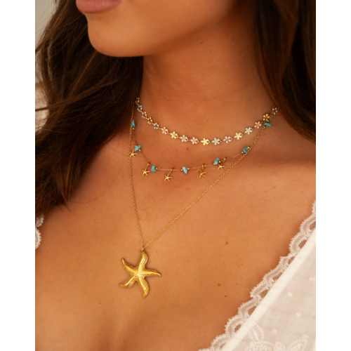 Ketting met zeesterren turquoise goudkleurig