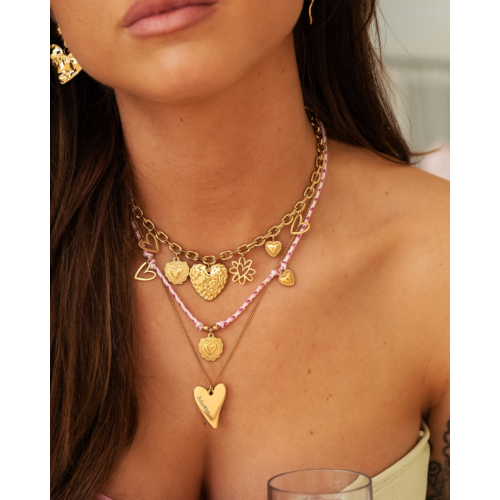Roze touw ketting hartjes goudkleurig