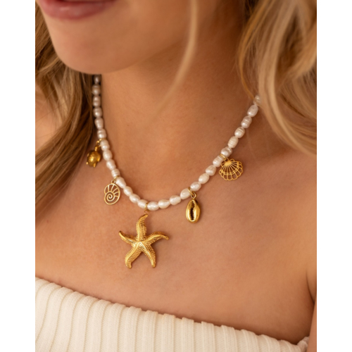 Parelketting met zeester bedels goudkleurig