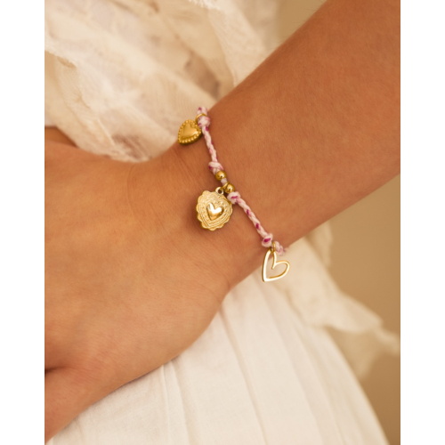 Roze touw armbandje hartjes goudkleurig