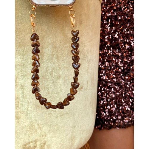 Telefoonkoord hartjes kralen bruin