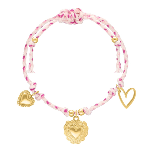 Roze touw armbandje hartjes bedels goudkleurig