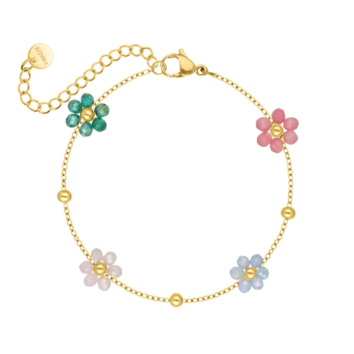 Armband met bloemetjes multicolor goudkleurig