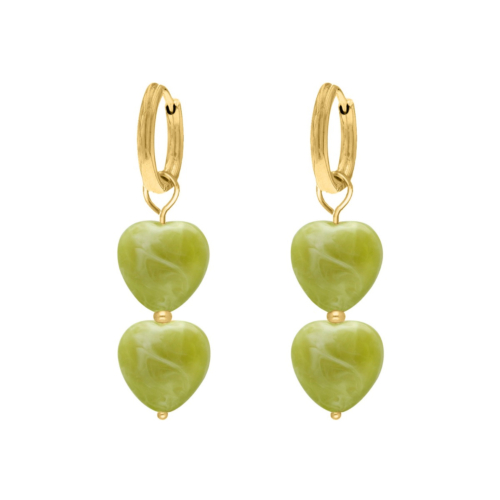 Dubbele hartjes oorbellen groen goudkleurig