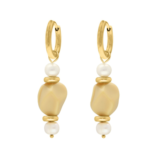 Oorbellen beige steen & pareltjes goudkleurig