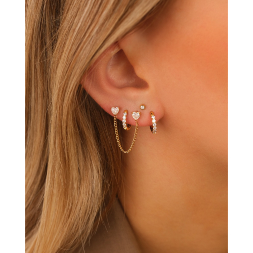 Dubbele ketting oorbel met hartjes goudkleurig