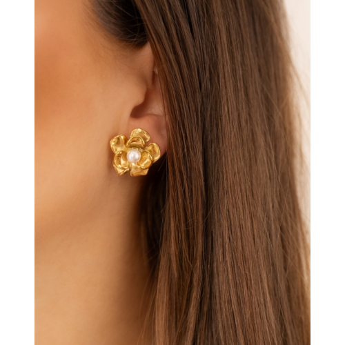 Stud oorbellen flower & pearl goudkleurig