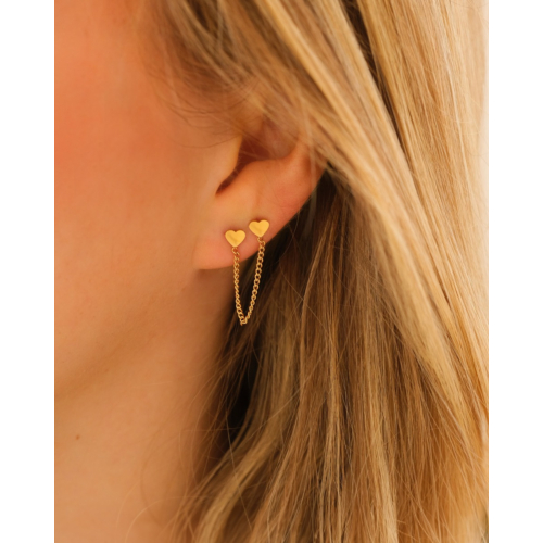 Dubbele hartjes oorbel met kettinkje goudkleurig