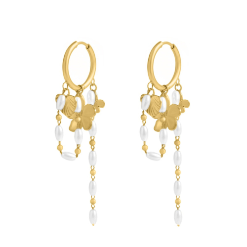 Multi pearl oorbellen met bedeltjes goudkleurig