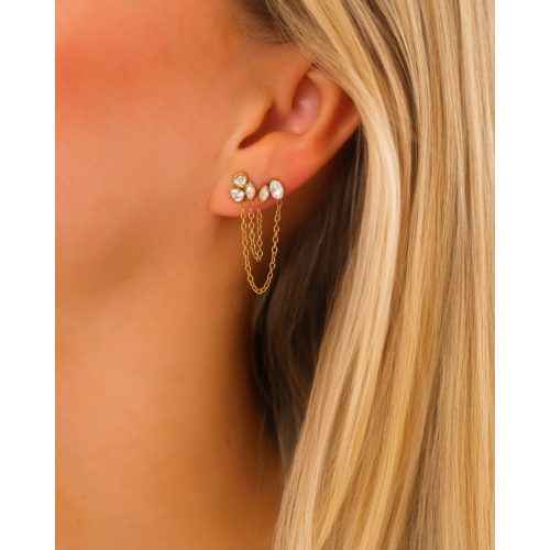 Dubbele ketting oorbel met steentjes goudkleurig