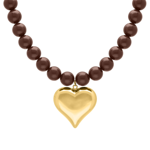 Bruine kralen ketting met hart goudkleurig