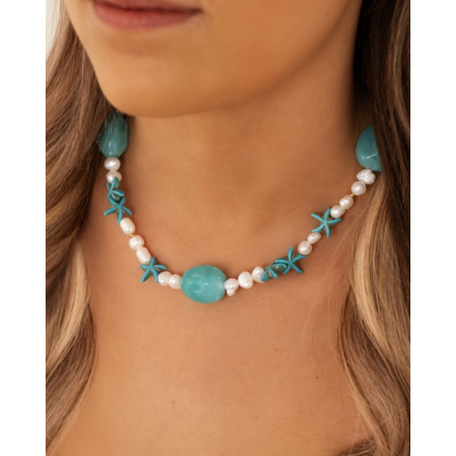 Parelketting aqua bedels goudkleurig