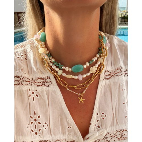 Parelketting aqua bedels goudkleurig