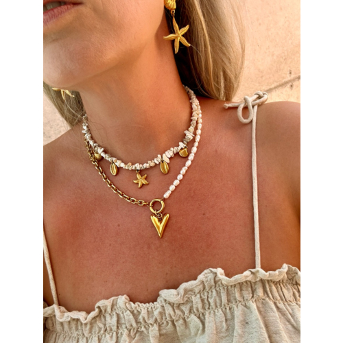 Chain & pearl ketting met hartje goudkleurig 