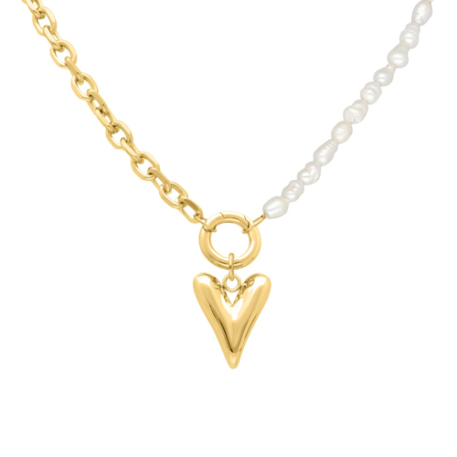 Chain & pearl ketting met hartje goudkleurig