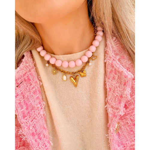 Ketting candy kralen lichtroze goudkleurig