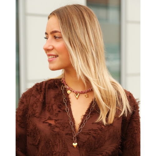 Bedelketting met roze steentjes goudkleurig