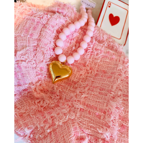 Roze kralen ketting met hart goudkleurig