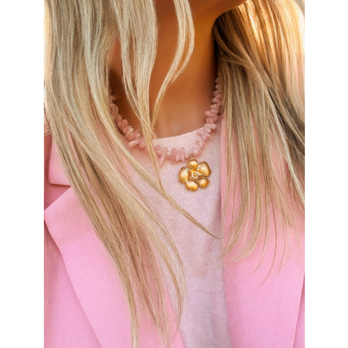 Kralenketting roze met bloem goudkleurig