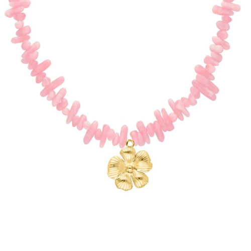 Kralenketting roze met bloem goudkleurig