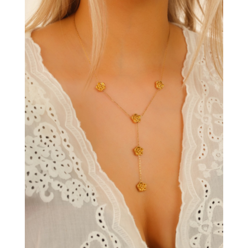 Y ketting met roosjes goudkleurig