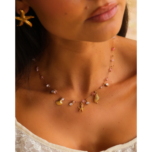 Bedelketting roze steentjes & zee bedels goudkleurig