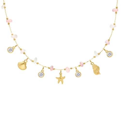 Bedelketting roze steentjes & zee bedels goudkleurig