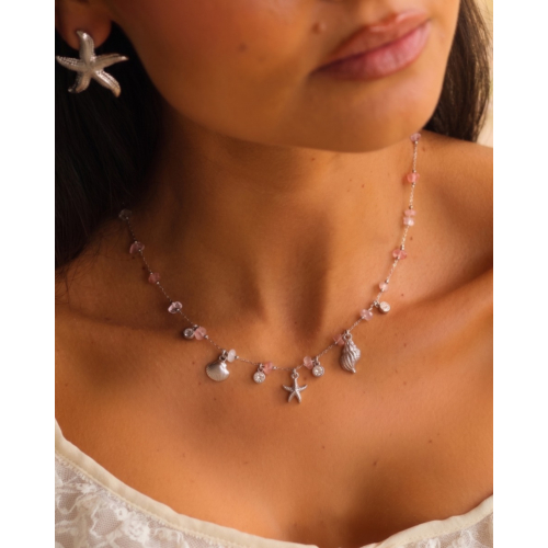 Bedelketting roze steentjes & zee bedels