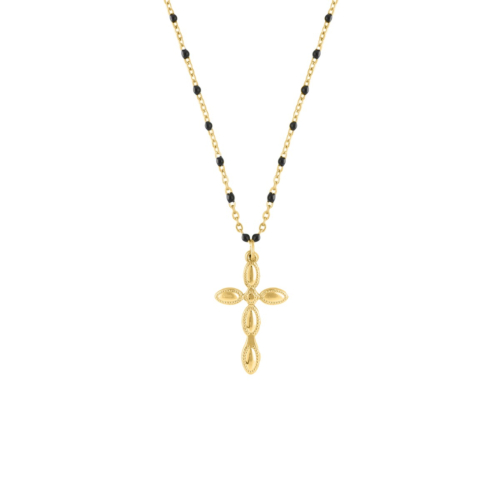 Kruisketting met zwarte bolletjes goudkleurig