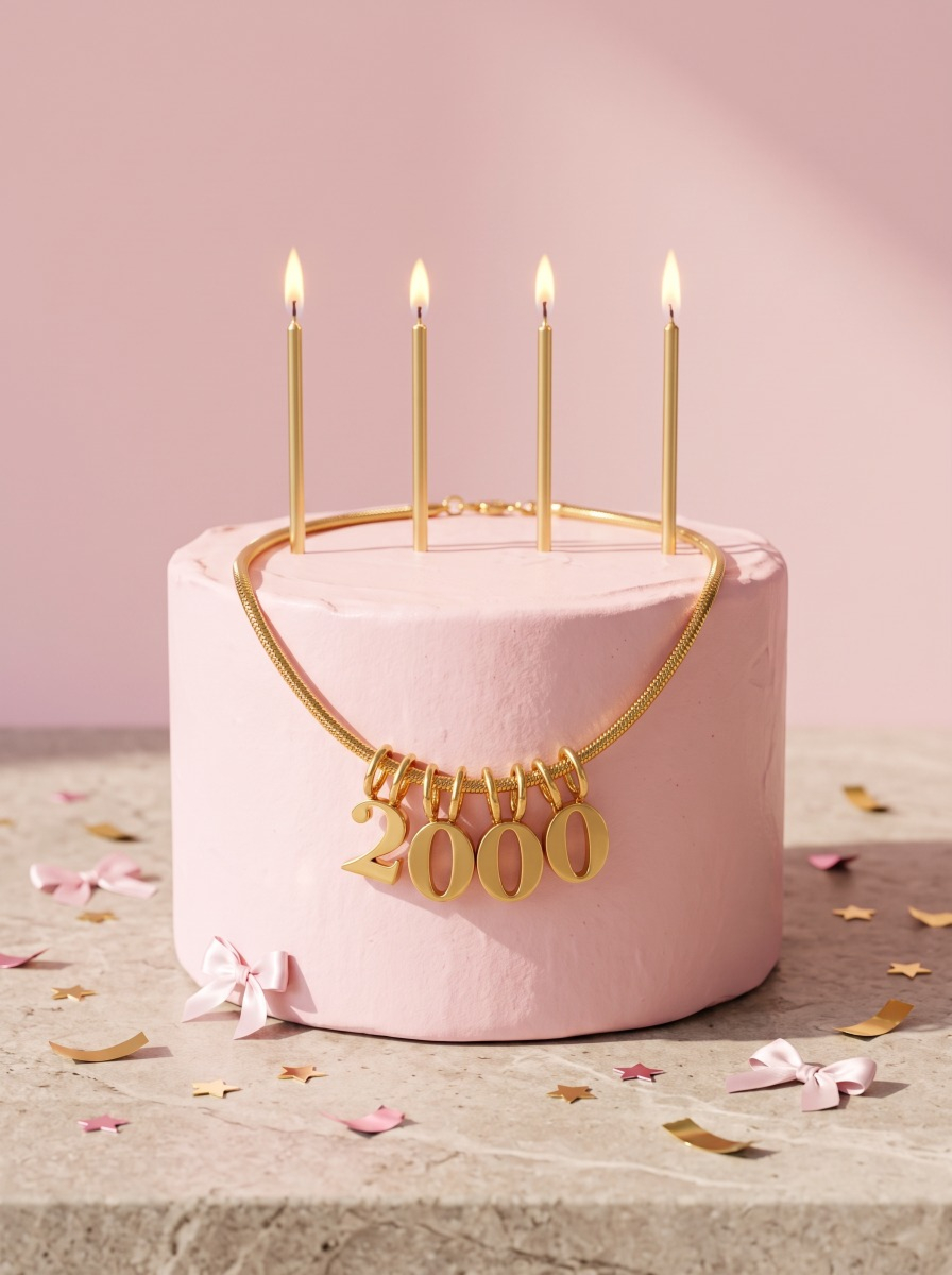 roze taart met gouden geboortejaar ketting