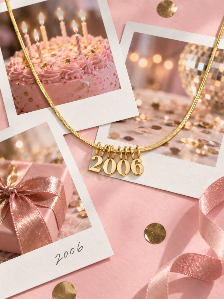 polaroid foto's met gouden geboortejaar ketting
