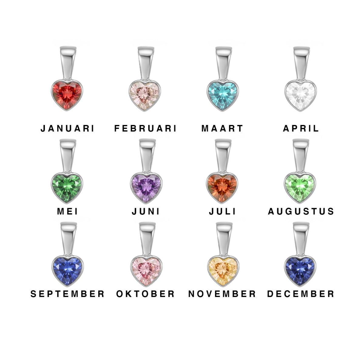 Overzicht hartjes birthstone kleuren zilver