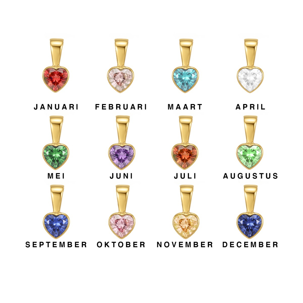 Overzicht hartjes birthstone kleuren goud
