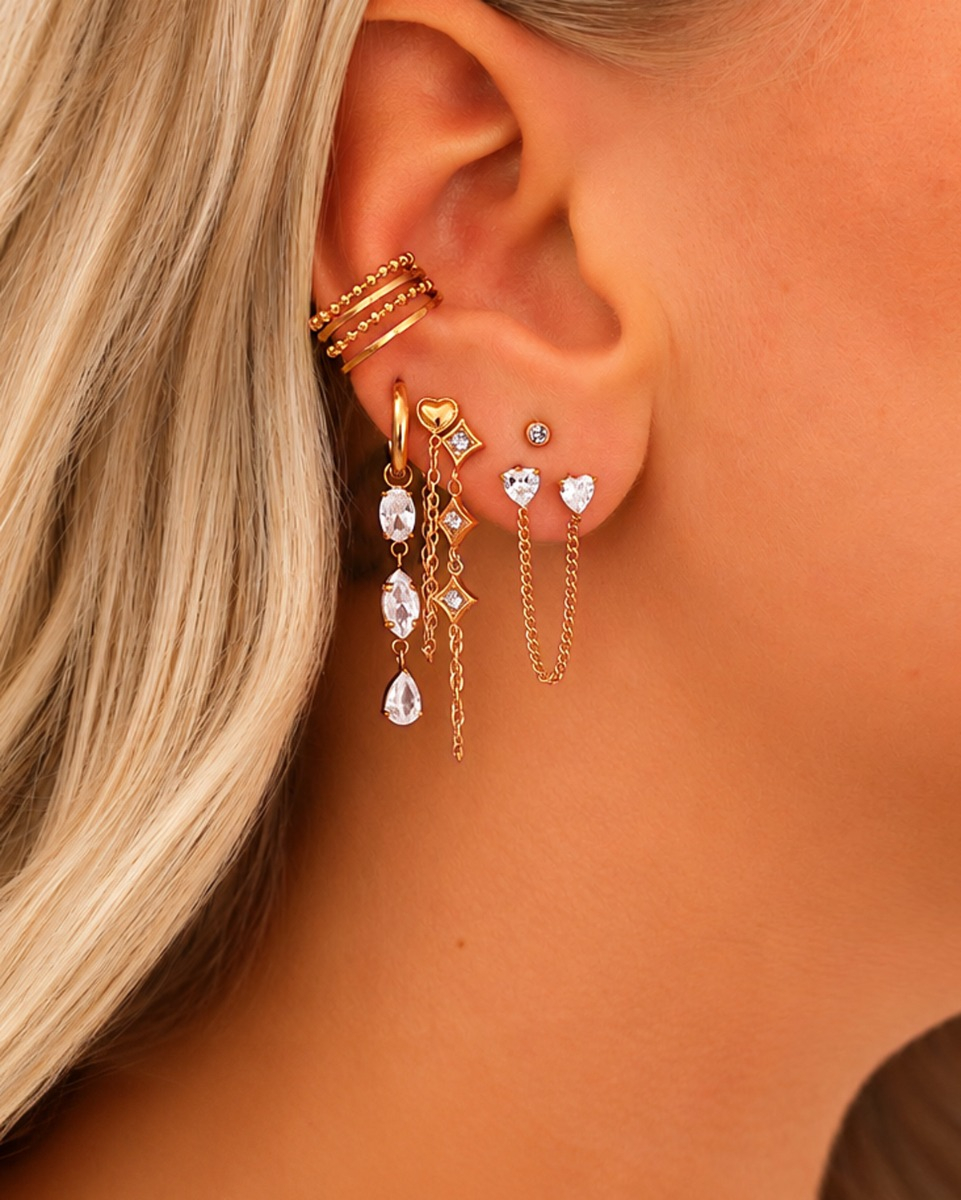 Gouden earparty met ketting oorbellen