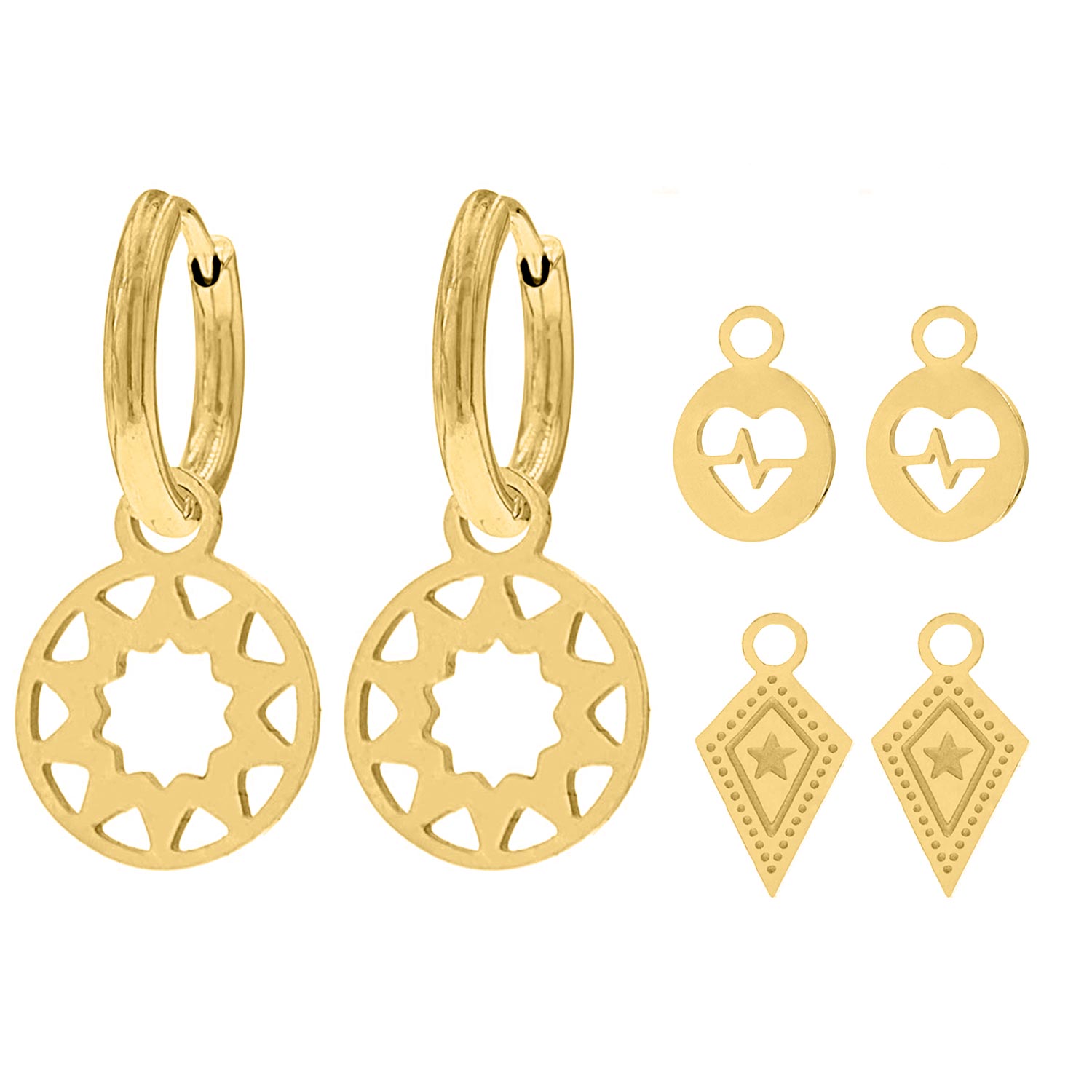 gouden oorbellen set met zon hartje en ster