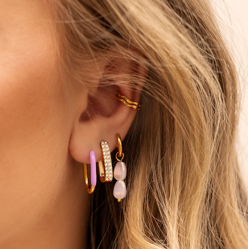 Roze earparty met gouden shiny oorbellen